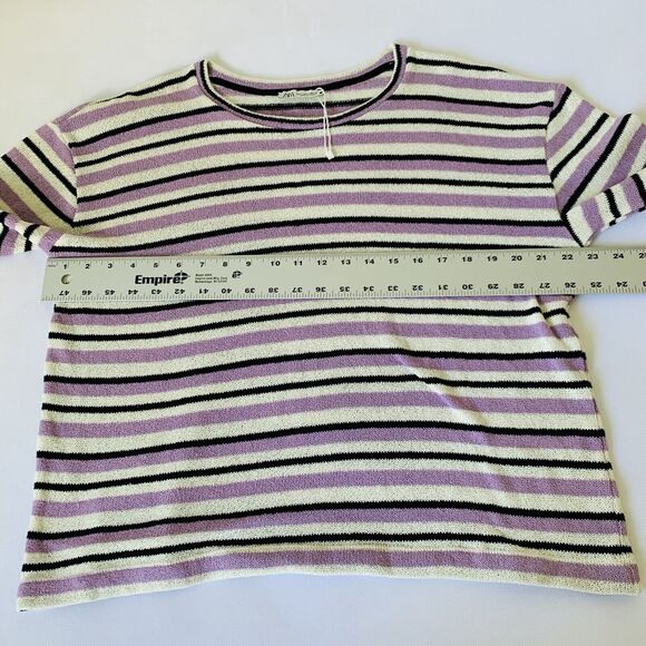 Zara Sweater Women Small Purple Black Stripe Knit Long Sleeve Rustic Preppy Warm - Picture 4 of 6